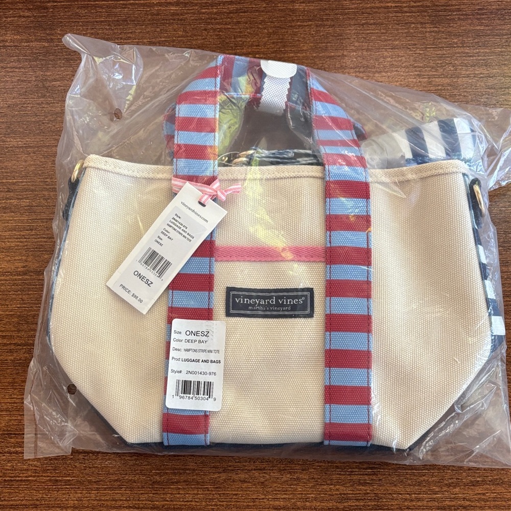 Vineyard Vines Beige Tote with Red and Blue Stripes